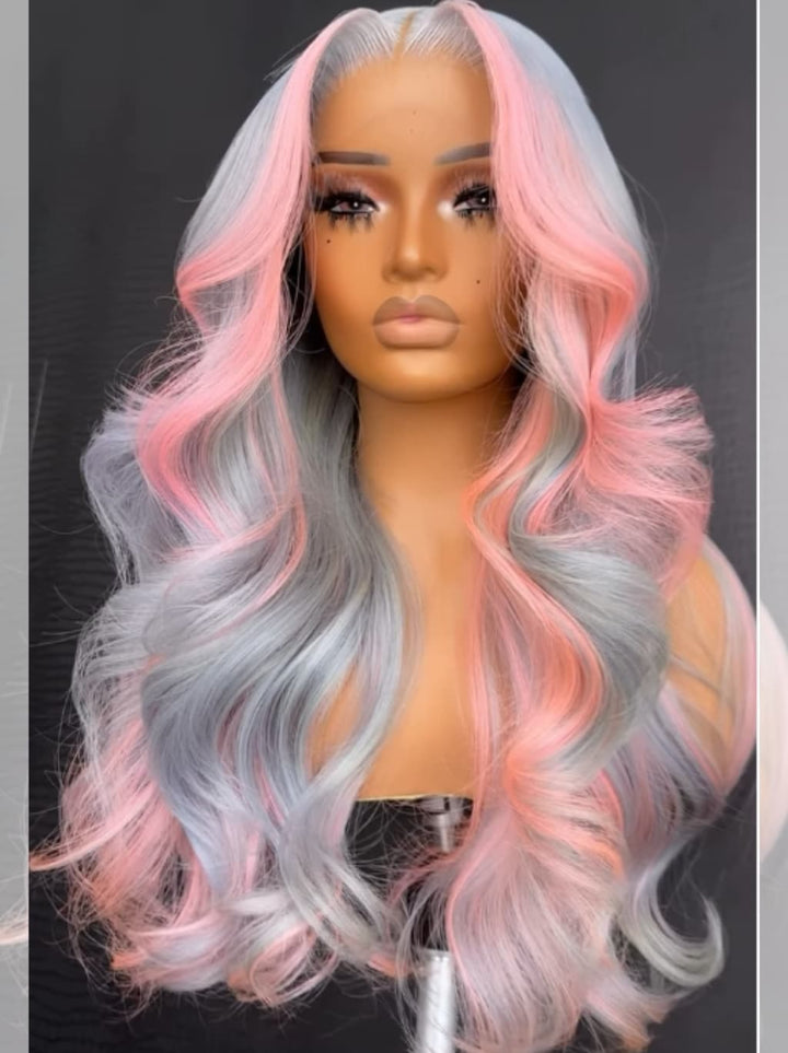 Dorsanee Ombre Gray Pink Straight Body Wave HD Lace Front Virgin Human Hair Wig