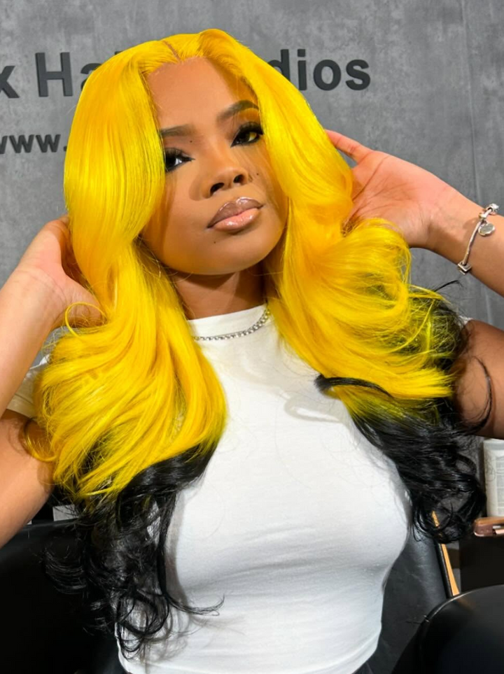 Dorsanee Ombre Neon Yellow Black Two Tones Color Wig 200 Density 13X4 Lace Front Human Hair Wigs
