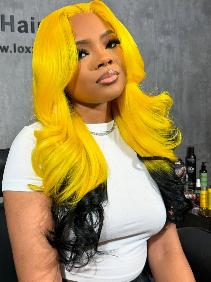 Dorsanee Ombre Neon Yellow Black Two Tones Color Wig 200 Density 13X4 Lace Front Human Hair Wigs