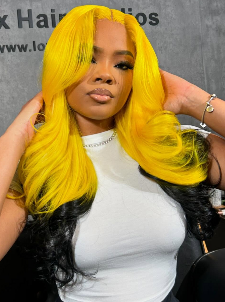Dorsanee Ombre Neon Yellow Black Two Tones Color Wig 200 Density 13X4 Lace Front Human Hair Wigs