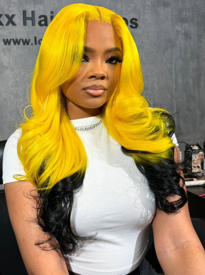 Dorsanee Ombre Neon Yellow Black Two Tones Color Wig 200 Density 13X4 Lace Front Human Hair Wigs