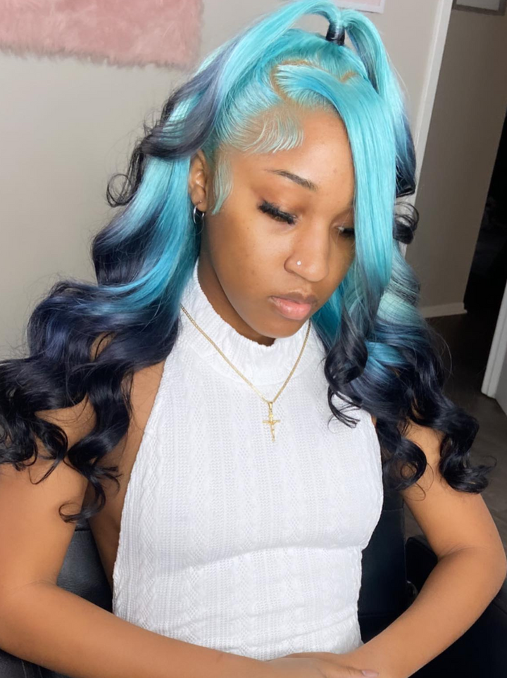 Dorsanee Ombre Ocean Breeze Blue Dark Blue Midnight Blue 13x4 Lace Front Human Hair Wigs