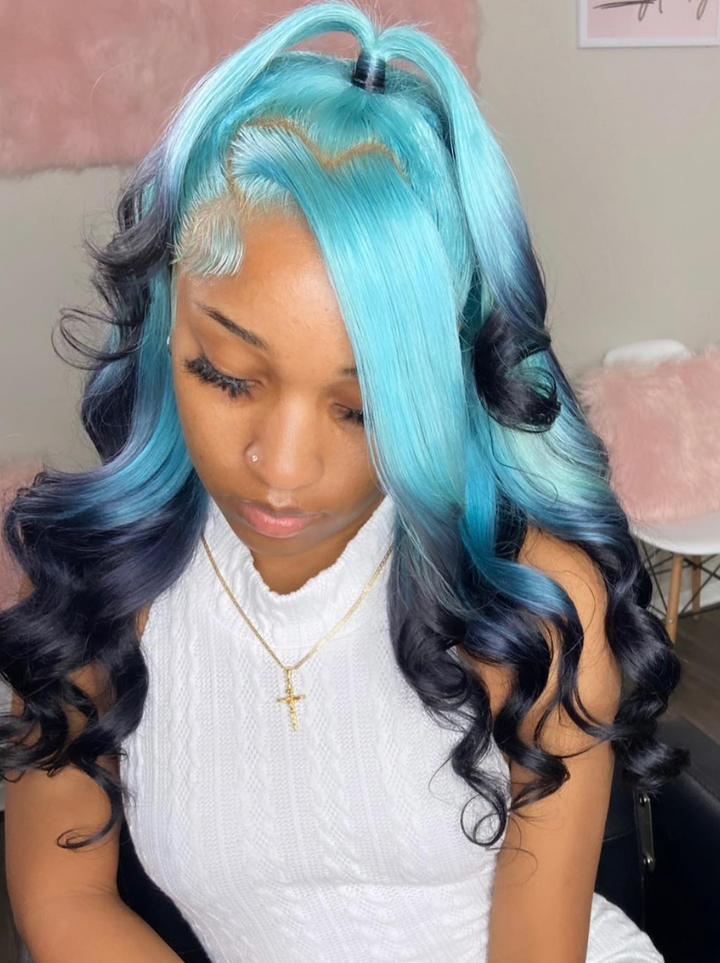 Dorsanee Ombre Ocean Breeze Blue Dark Blue Midnight Blue 13x4 Lace Front Human Hair Wigs