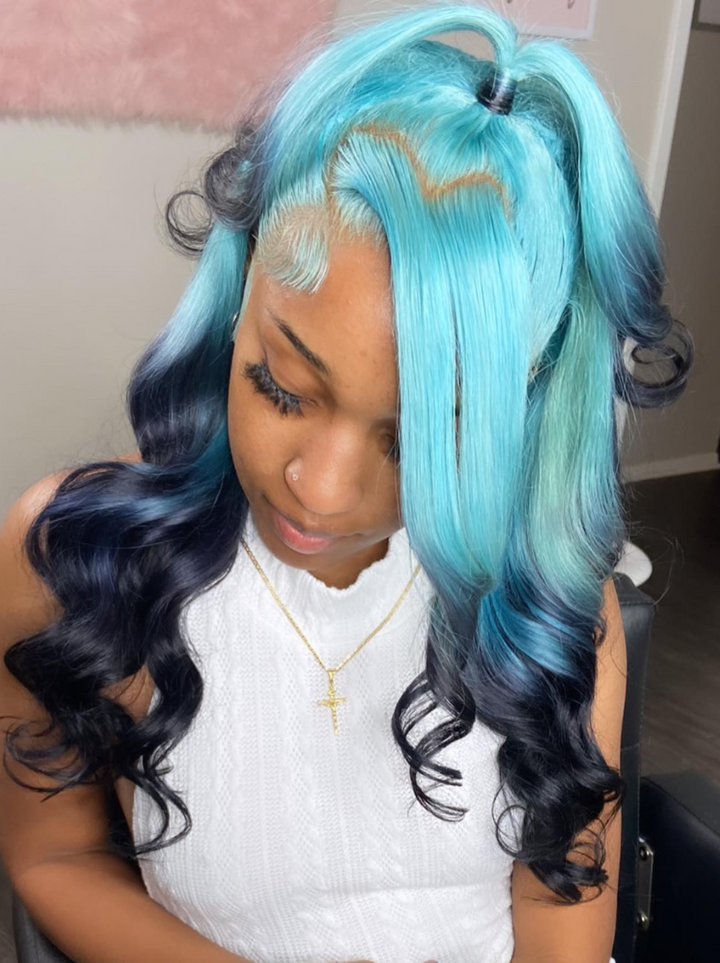 Dorsanee Ombre Ocean Breeze Blue Dark Blue Midnight Blue 13x4 Lace Front Human Hair Wigs