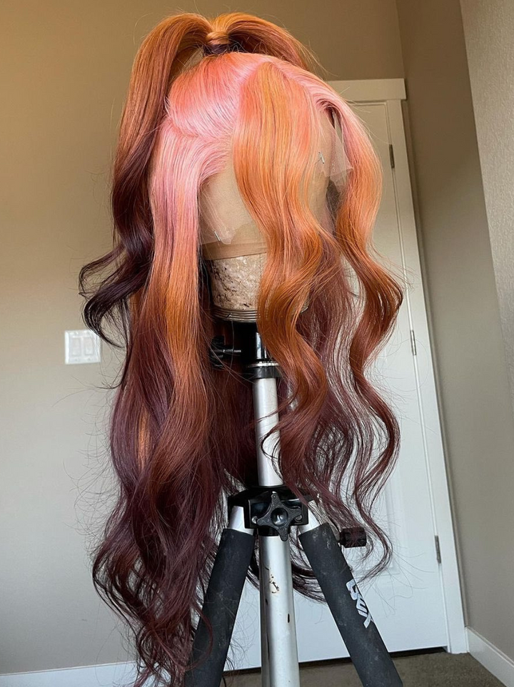 Dorsanee Ombre Pastel Pink Ginger Orange Dark Chocolate Brown 13X4 Lace Front Human Hair Wigs