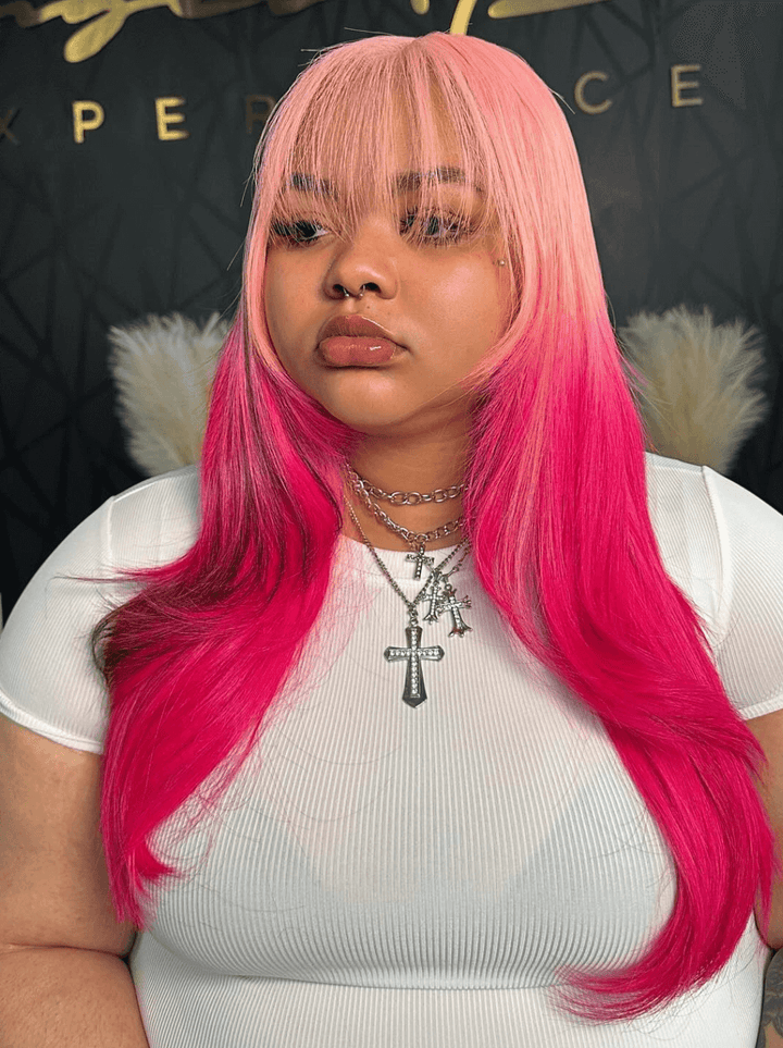 Dorsanee Ombre Pink Red Color With Black Highlight Bone Straight Human Hair Wig