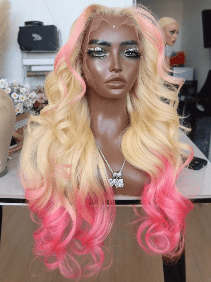 Dorsanee Ombre Pink Skunk Stripe Blonde 13x4 Lace Front Virgin Human Hair Wigs