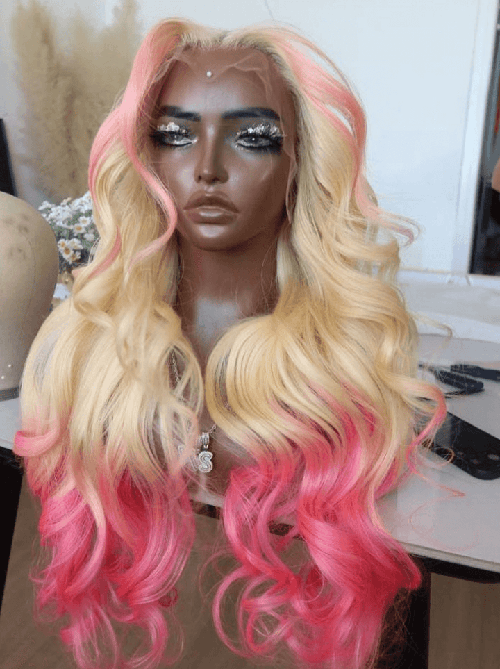 Dorsanee Ombre Pink Skunk Stripe Blonde 13x4 Lace Front Virgin Human Hair Wigs