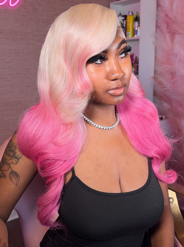 Dorsanee Ombre Platinum Blonde Vibrant Pink two Tones Color Wig 13x4 Lace Front Human Hair Wigs