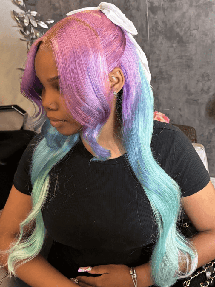 Dorsanee Ombre Purple Blue Pastel Green Body Wave HD Lace Front Human Hair Wigs