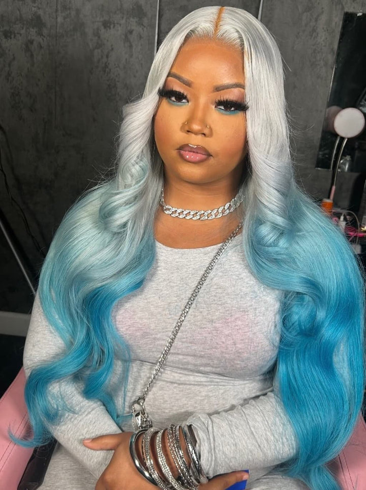 Dorsanee Ombre Silver Gray Blue 13x4 Lace Front Virgin Human Hair Wigs 200 Density