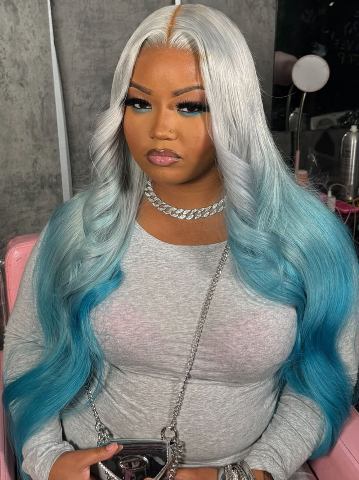 Dorsanee Ombre Silver Gray Blue 13x4 Lace Front Virgin Human Hair Wigs 200 Density