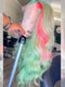 Dorsanee Pastel Green With Pink Skunk Stripe Highlights 13x4 Lace Front Virgin Human Hair Wig