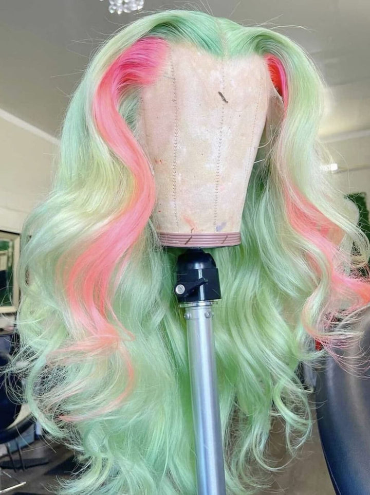 Dorsanee Pastel Green With Pink Skunk Stripe Highlights 13x4 Lace Front Virgin Human Hair Wig