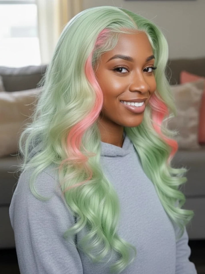 Dorsanee Pastel Green With Pink Skunk Stripe Highlights 13x4 Lace Front Virgin Human Hair Wig