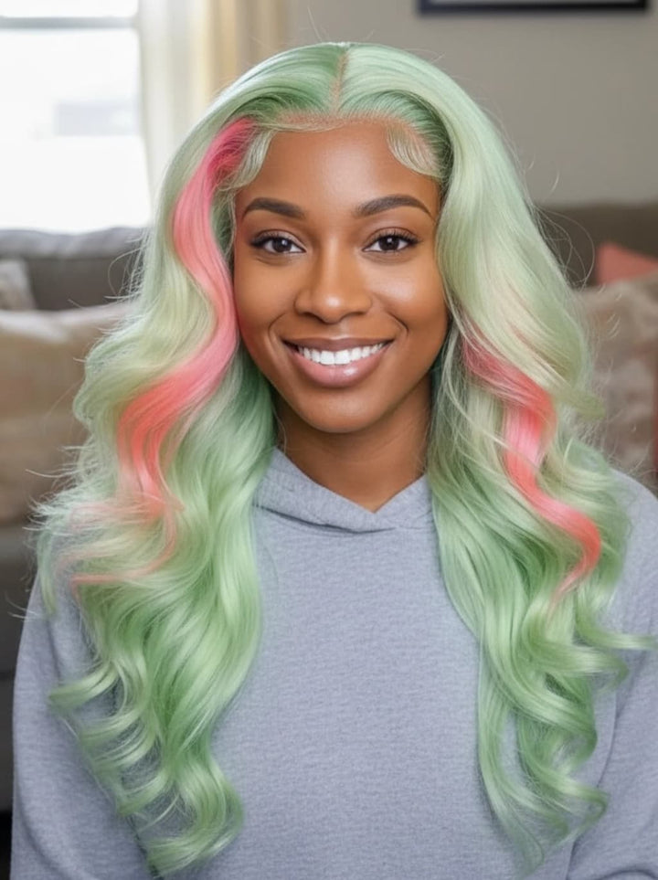 Dorsanee Pastel Green With Pink Skunk Stripe Highlights 13x4 Lace Front Virgin Human Hair Wig
