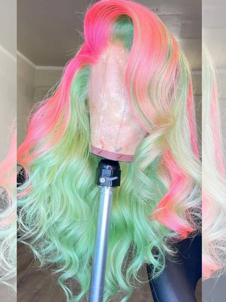 Dorsanee Pastel Green With Pink Skunk Stripe Highlights 13x4 Lace Front Virgin Human Hair Wig