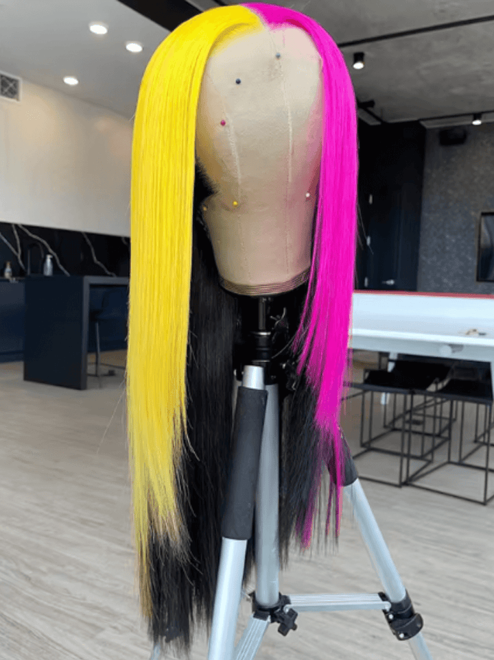 Dorsanee Peekaboo Half Yellow Half Hot Pink Black 13x4 Lace Front Human Hair Wigs