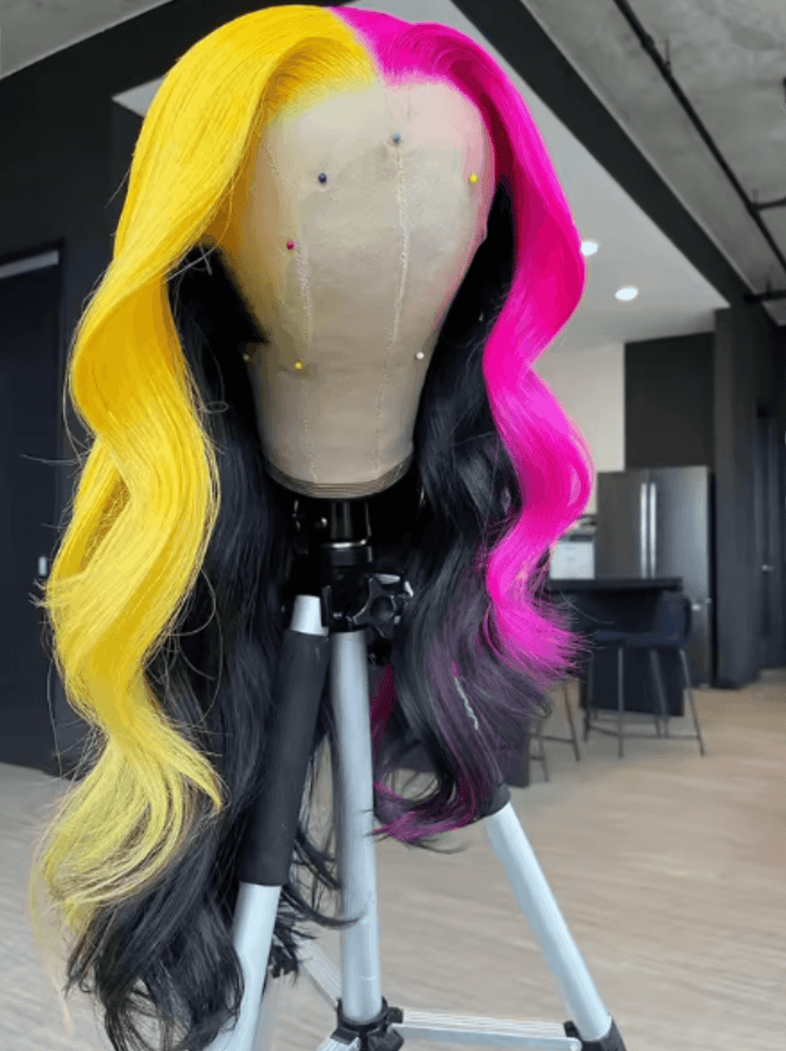 Dorsanee Peekaboo Half Yellow Half Hot Pink Black 13x4 Lace Front Human Hair Wigs