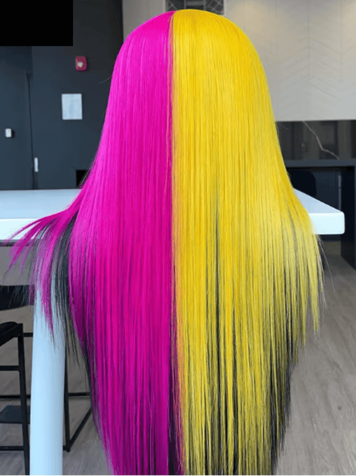 Dorsanee Peekaboo Half Yellow Half Hot Pink Black 13x4 Lace Front Human Hair Wigs