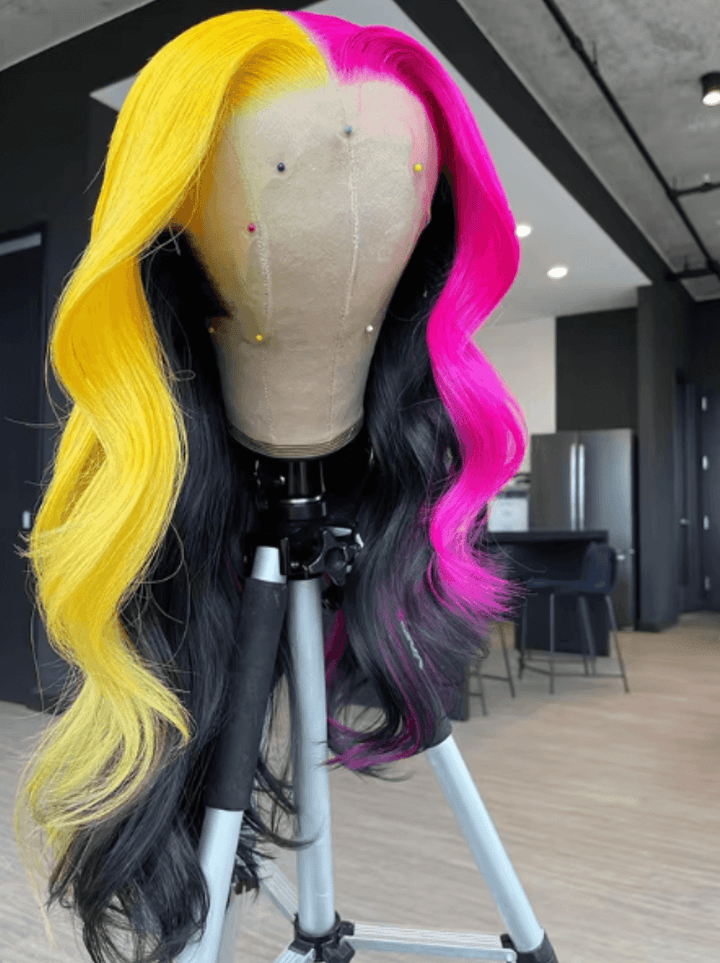 Dorsanee Peekaboo Half Yellow Half Hot Pink Black 13x4 Lace Front Human Hair Wigs