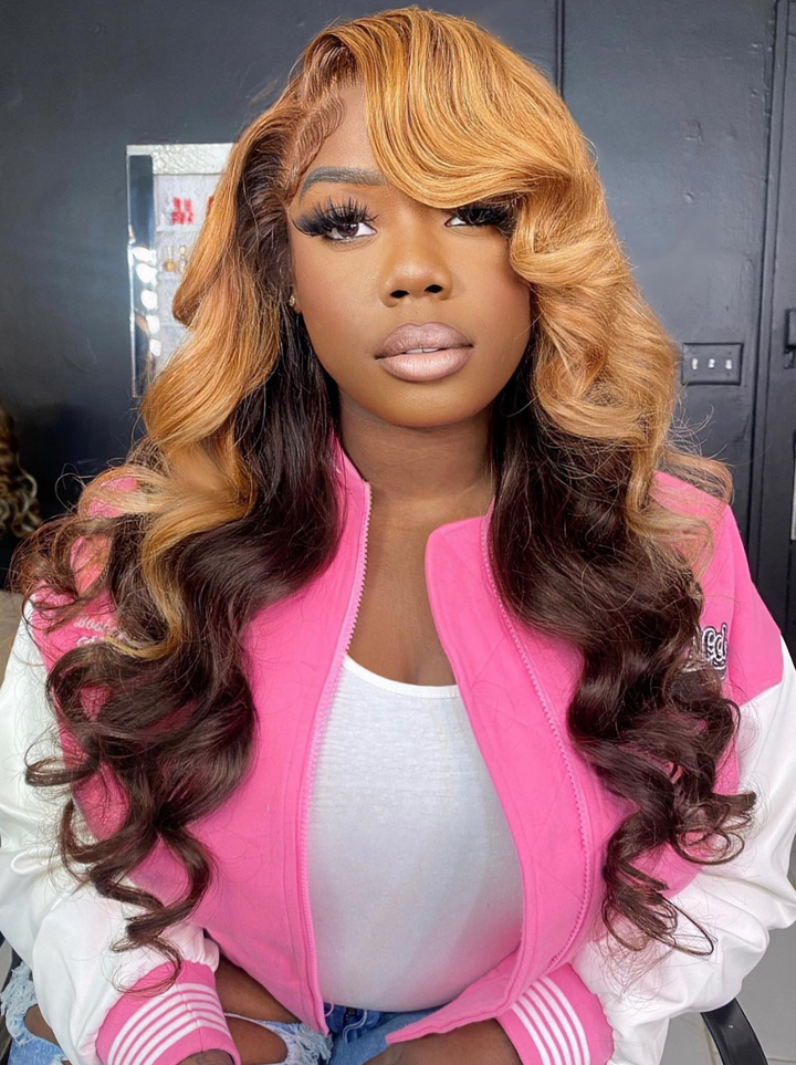 Dorsanee Peekaboo Honey Blonde Chocolate Brown Wig 200 Density 13x4 Lace Front Body Wave Human Hair Wigs