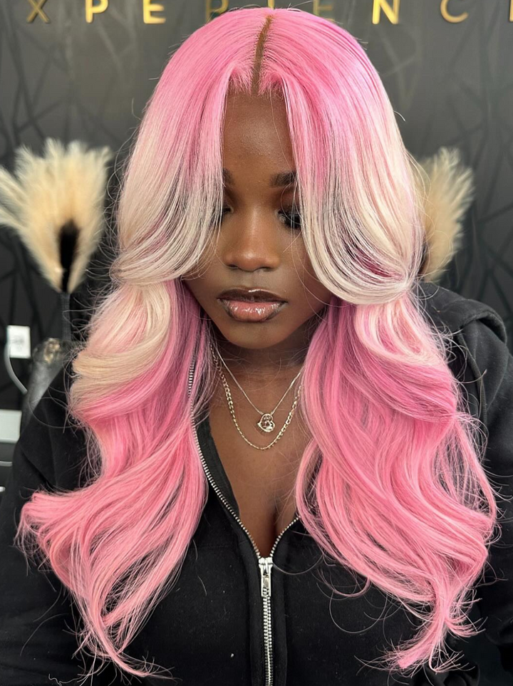 Dorsanee Pink Wig With Blonde Streaks 200 Density 13x4 Lace Front Human Hair Wigs