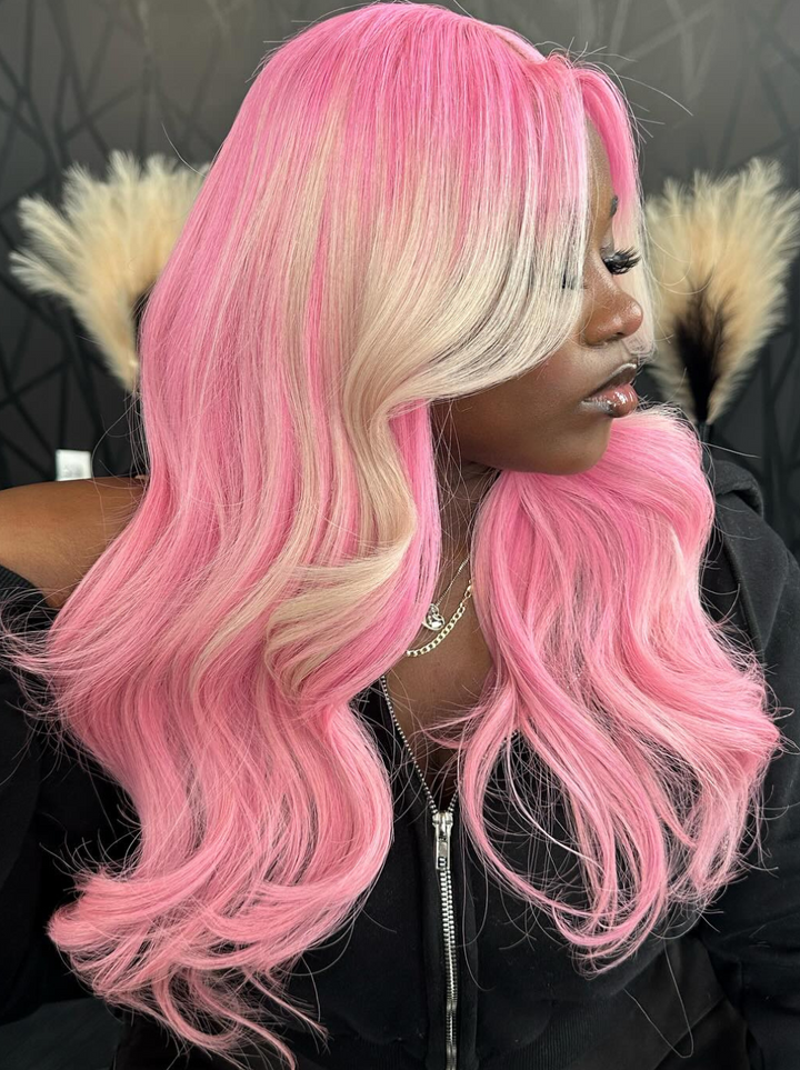 Dorsanee Pink Wig With Blonde Streaks 200 Density 13x4 Lace Front Human Hair Wigs