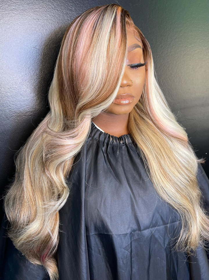 Dorsanee Pink Blonde Brown Highlight 13x4 Lave Front Body Wave Human Hair Wigs