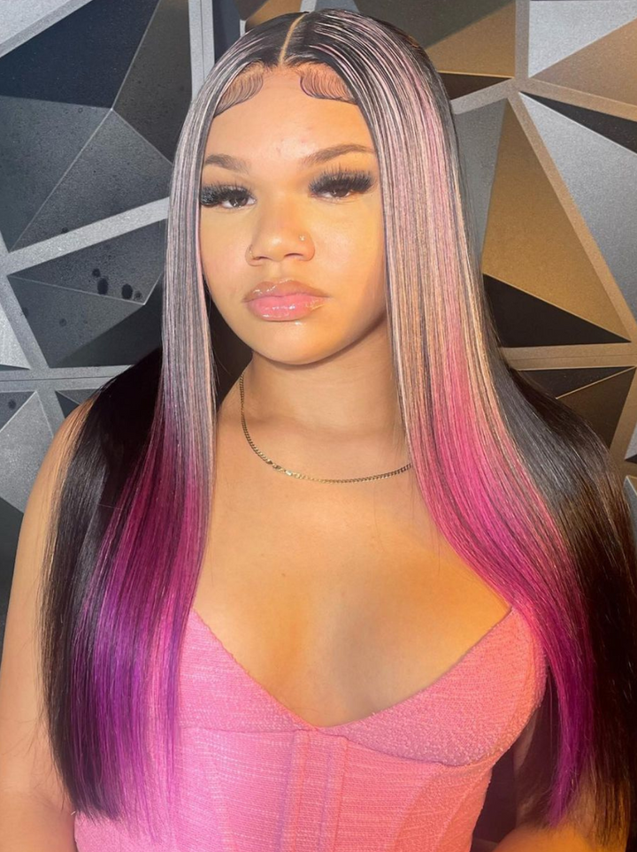 Dorsanee Purple Blue Streaks Highlight 13X4 Lace Front Straight Human Hair Weave Wigs