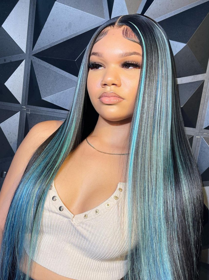 Dorsanee Purple Blue Streaks Highlight 13X4 Lace Front Straight Human Hair Weave Wigs