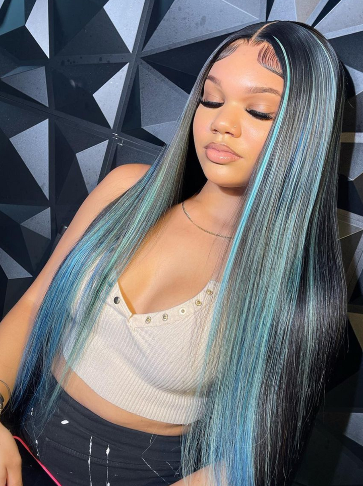 Dorsanee Purple Blue Streaks Highlight 13X4 Lace Front Straight Human Hair Weave Wigs