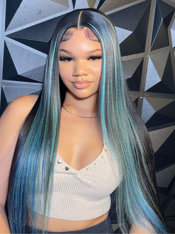 Dorsanee Purple Blue Streaks Highlight 13X4 Lace Front Straight Human Hair Weave Wigs