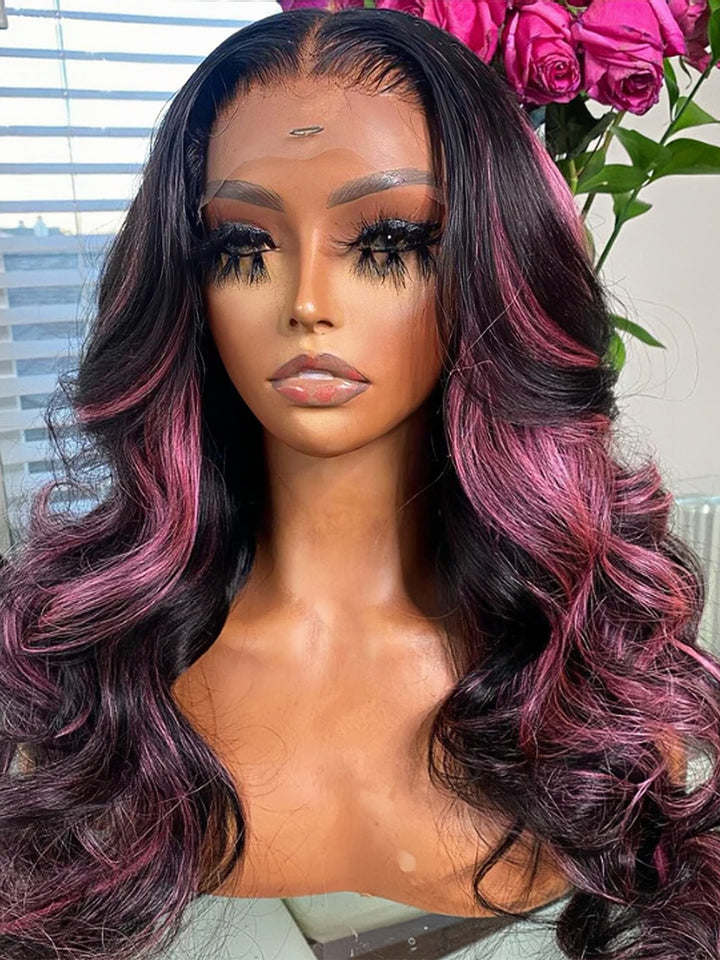Dorsanee Purple Highlights 13x4 Transparent Lace Front Body Wave Human Hair Wig