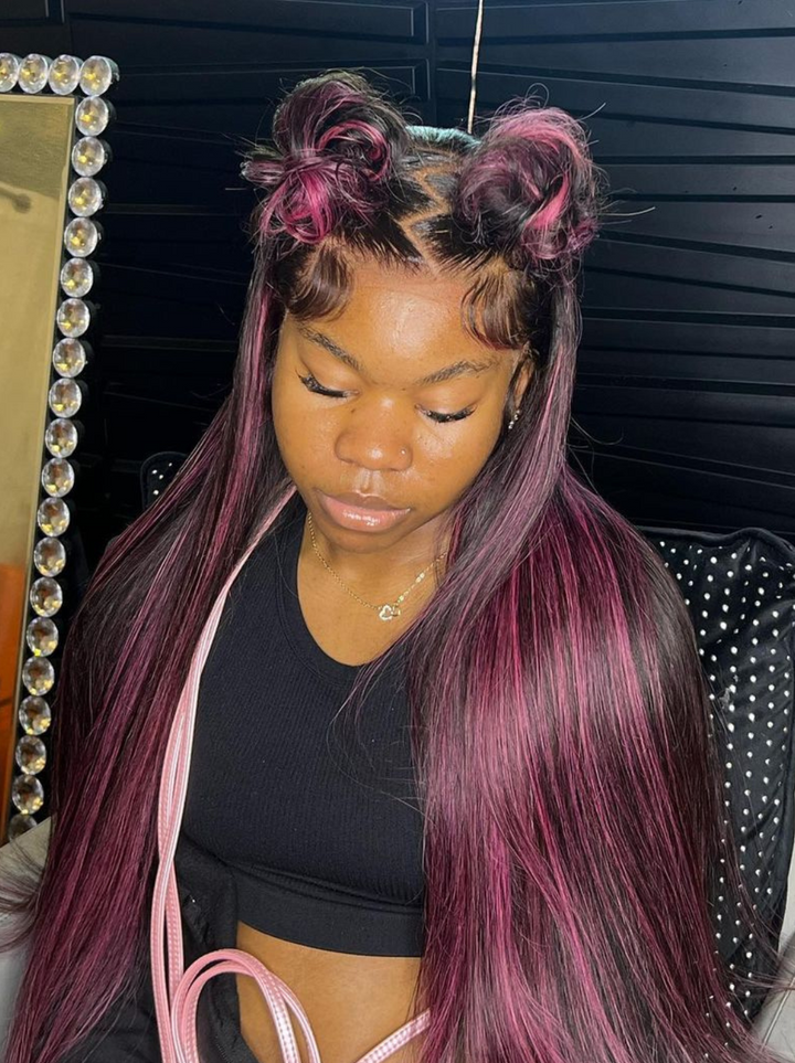 Dorsanee 13x4 Lace Front Black Straight Human Hair Weave Wig With Purple Highlights