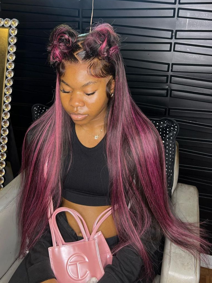 Dorsanee 13x4 Lace Front Black Straight Human Hair Weave Wig With Purple Highlights