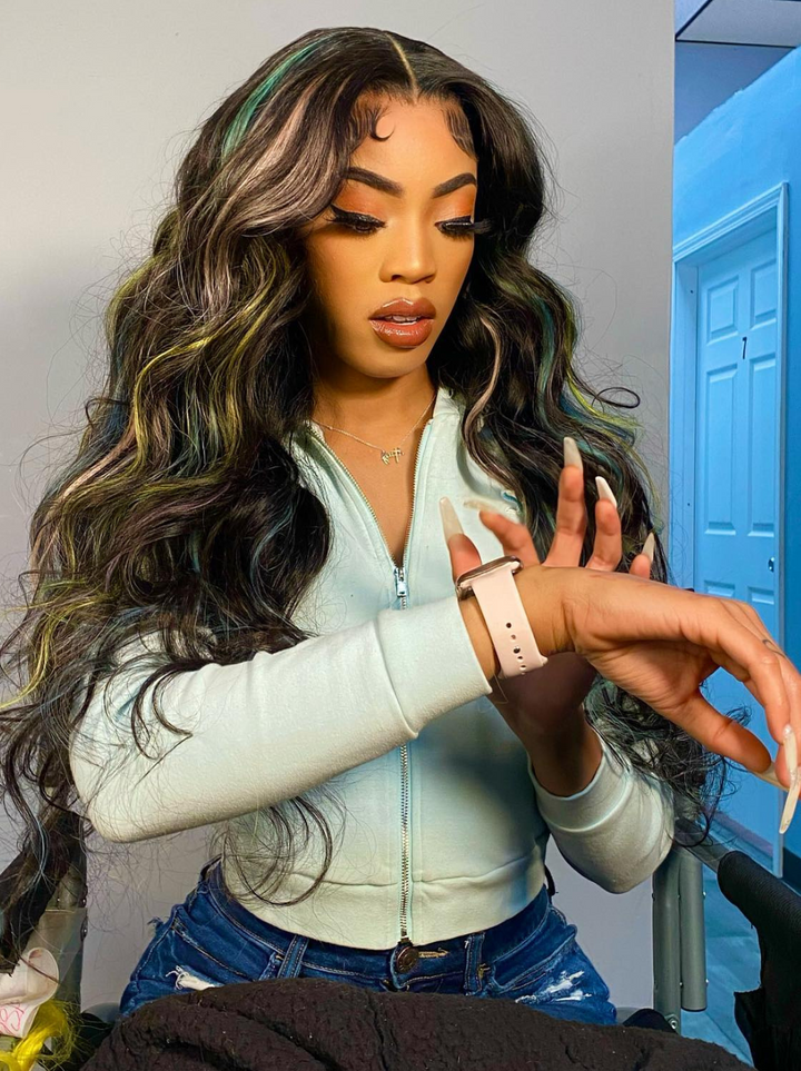 Dorsanee Rainbow Pink Green Yellow Blue Highlight Multi Color 13x4 Lace Front Human Hair Wigs