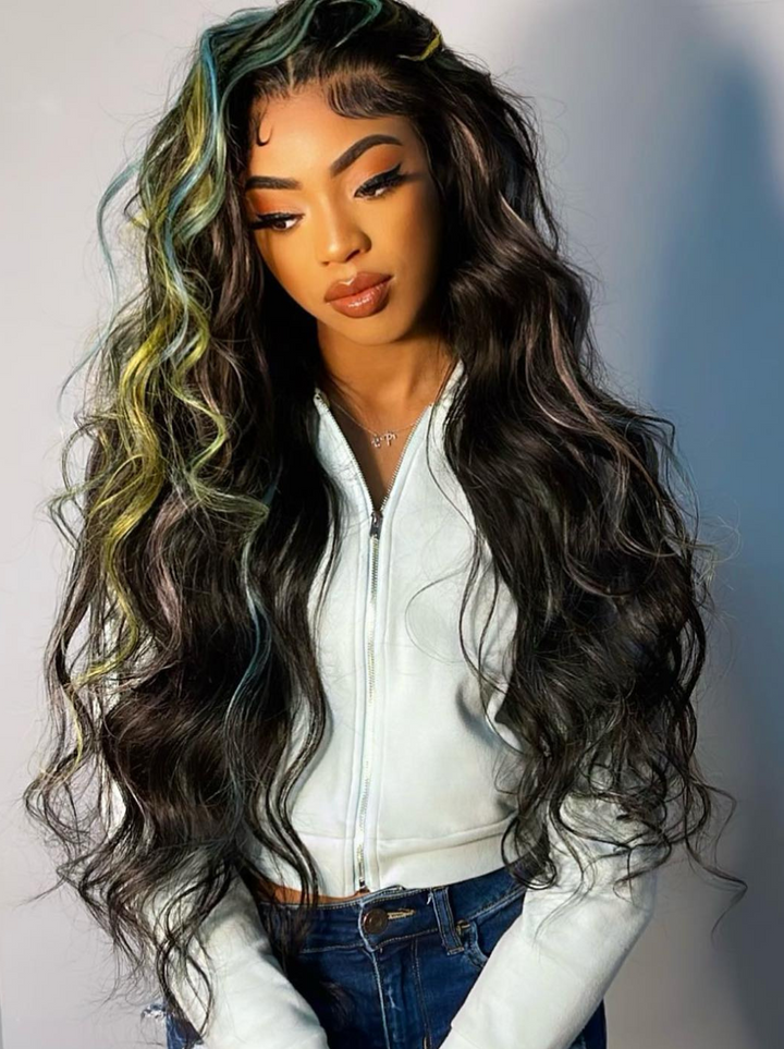 Dorsanee Rainbow Pink Green Yellow Blue Highlight Multi Color 13x4 Lace Front Human Hair Wigs