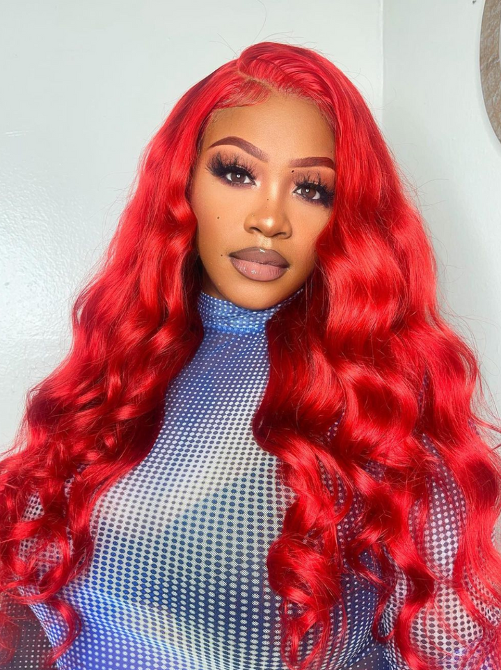 Dorsanee Red Color 200 Density Body Wave 13x4 Transparent Lace Front Human Hair Wig
