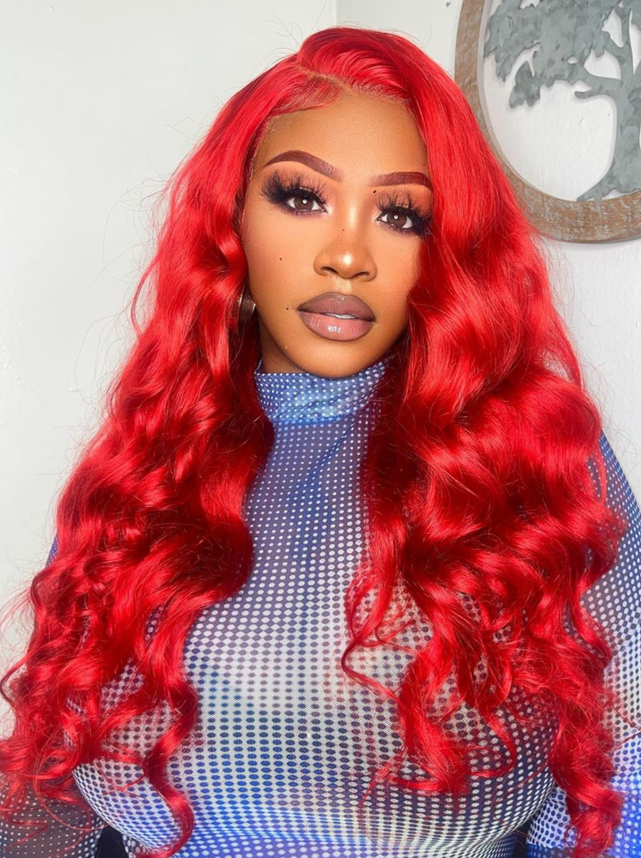 Dorsanee Red Color 200 Density Body Wave 13x4 Transparent Lace Front Human Hair Wig