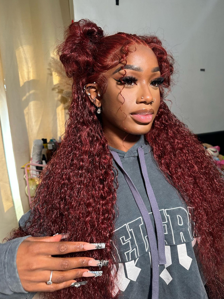 Dorsanee Water Wave #33 Reddish Brown 13x4 Lace Front Wig Curly Wave Hair Lace Frontal Human Hair Wig for Women Pre Plucked