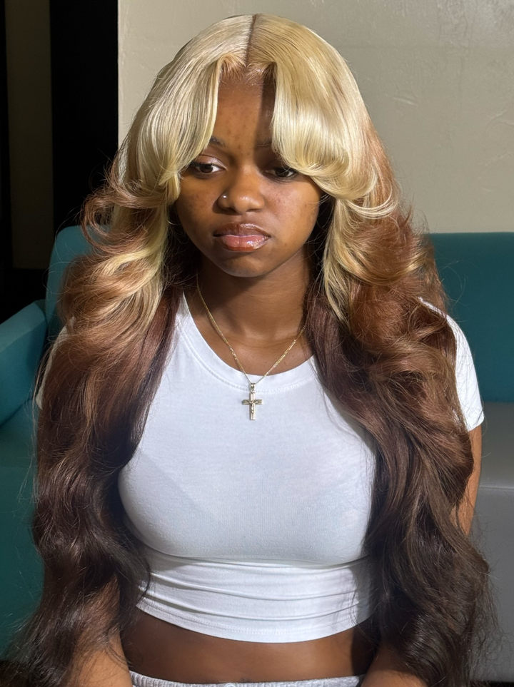 Dorsanee Reverse Ombre Blonde Brown Curtain Bangs 13x4 Lace Front Virgin Human Hair Wigs