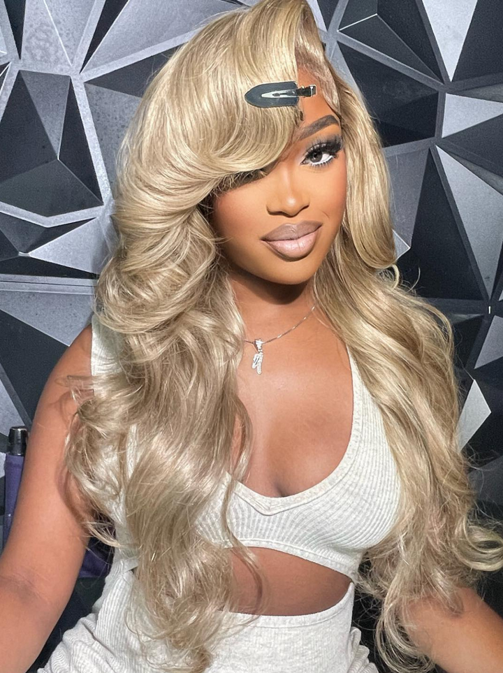Dorsanee Side Part Bangs Butterfly Layered Haircut Blonde Pastel Green Blue 13x4 Lace Frontal Human Hair Wig