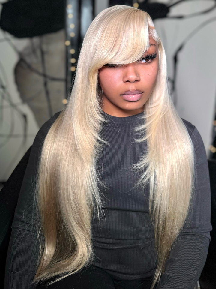 Dorsanee Side Part Bangs Butterfly Layered Haircut Blonde Pastel Green Blue 13x4 Lace Frontal Human Hair Wig