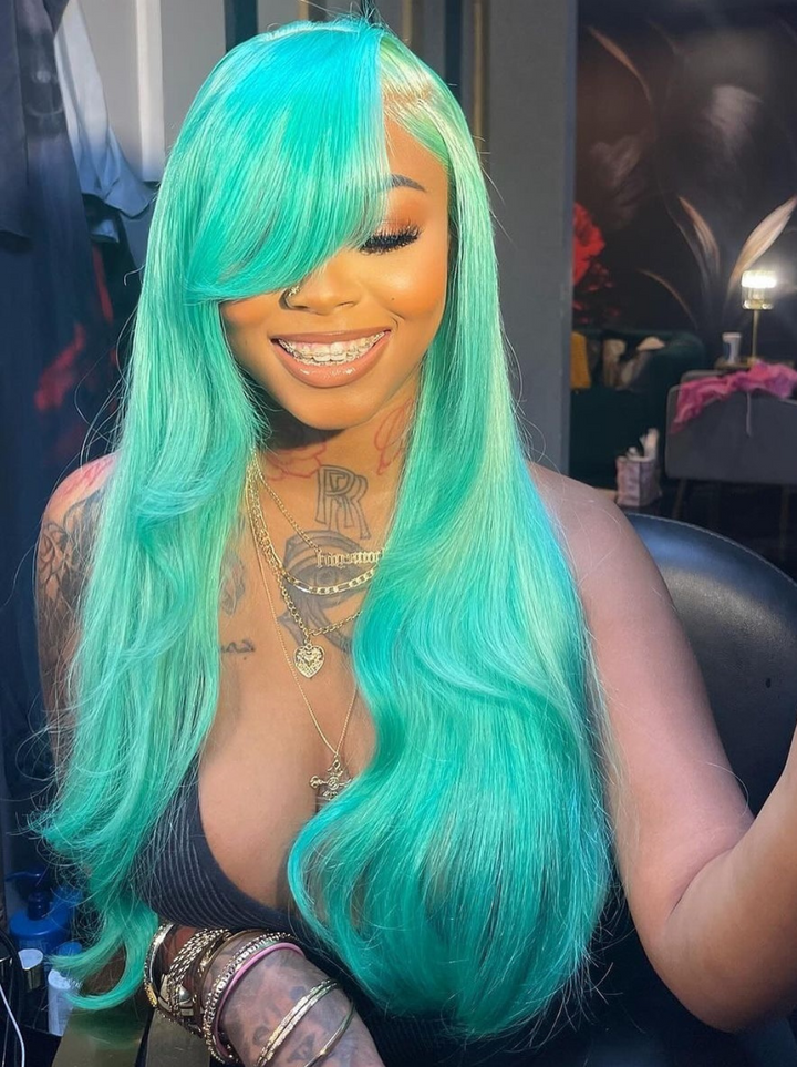 Dorsanee Side Part Bangs Butterfly Layered Haircut Blonde Pastel Green Blue 13x4 Lace Frontal Human Hair Wig