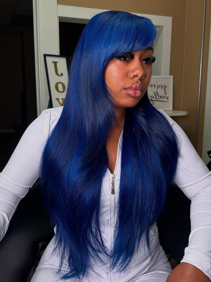 Dorsanee Side Part Bangs Butterfly Layered Haircut Blonde Pastel Green Blue 13x4 Lace Frontal Human Hair Wig
