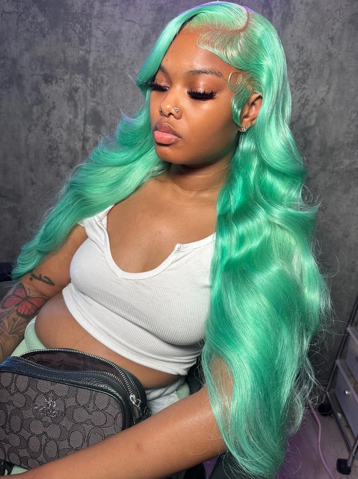 Dorsanee Silver Gray Pastel Green 13x4 Lace Front Virgin Human Hair Wigs 200 Density