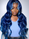 Dorsanee Skunk Stripe Light Blue Royal Blue Color 200 Density 13x4 Lace Front Body Wave Human Hair Wigs