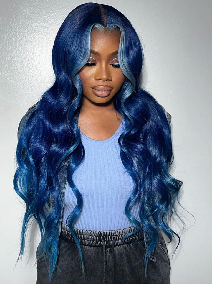 Dorsanee Skunk Stripe Light Blue Royal Blue Color 200 Density 13x4 Lace Front Body Wave Human Hair Wigs