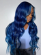 Dorsanee Skunk Stripe Light Blue Royal Blue Color 200 Density 13x4 Lace Front Body Wave Human Hair Wigs